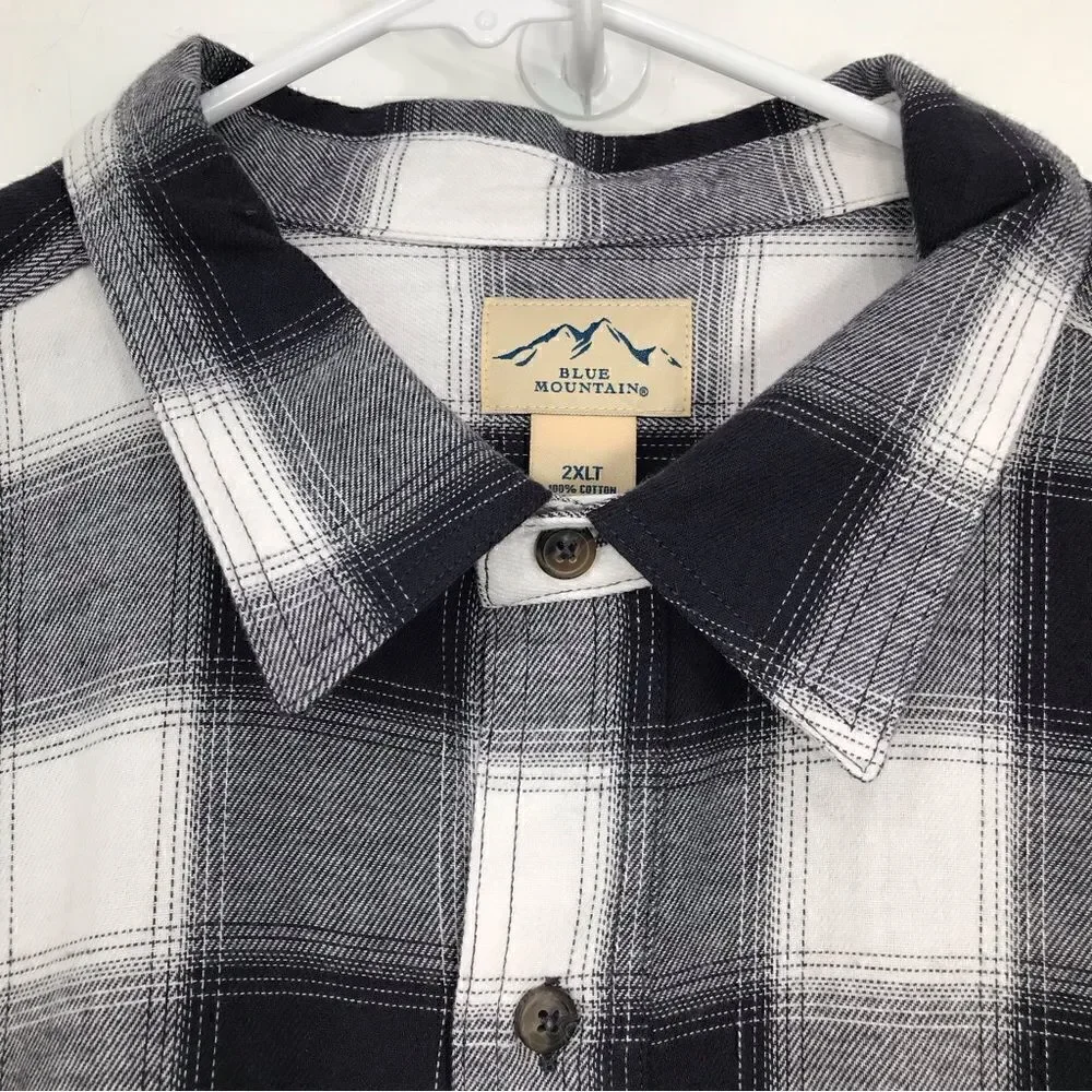 Blue Mountain Charcoal Gray White Plaid Flannel Button Down Casual Shirt
